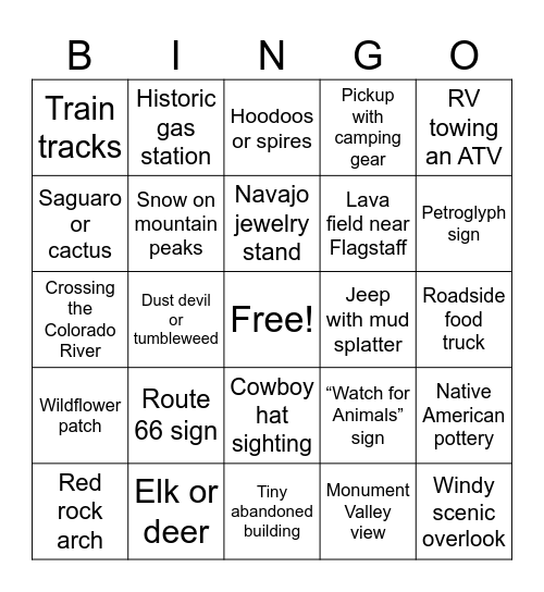 Williams, AZ to Moab, UT Bingo Card