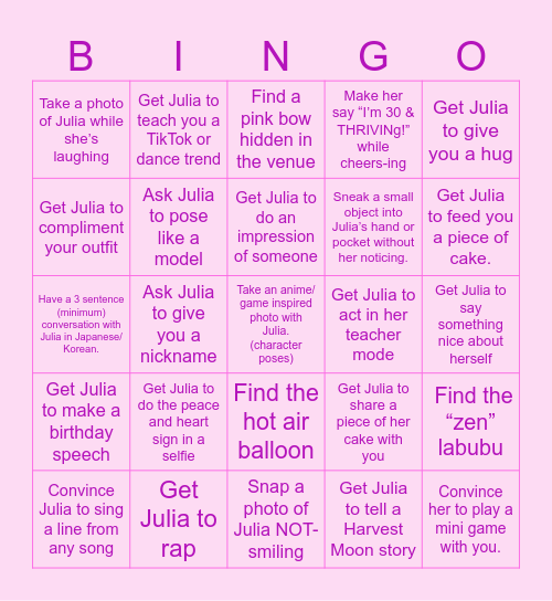 Julia’s 30th BINGO! Bingo Card