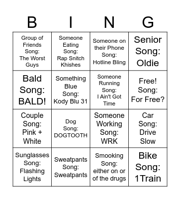 Outside Song Bingo #1 Bingo Card