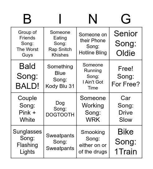 Outside Song Bingo #1 Bingo Card