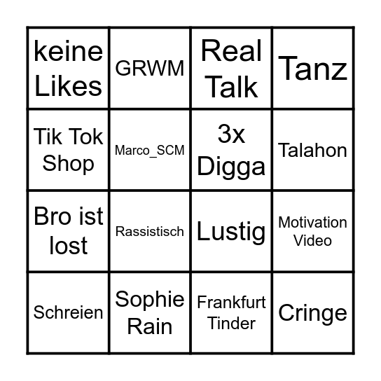 Tik Tok Bingo Card