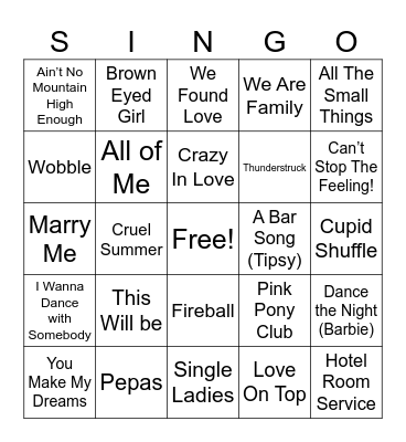 Wedding Song Singo Bingo Card