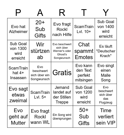 EVO's Partyflieger Bingo Card
