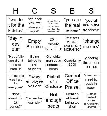 Back to school conference year 2 Bingo Card