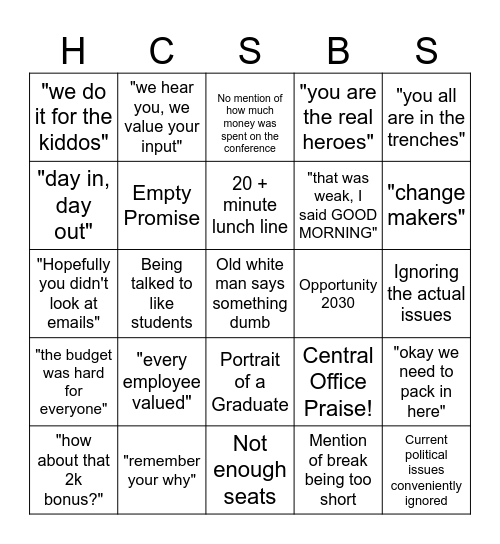 Back to school conference year 2 Bingo Card