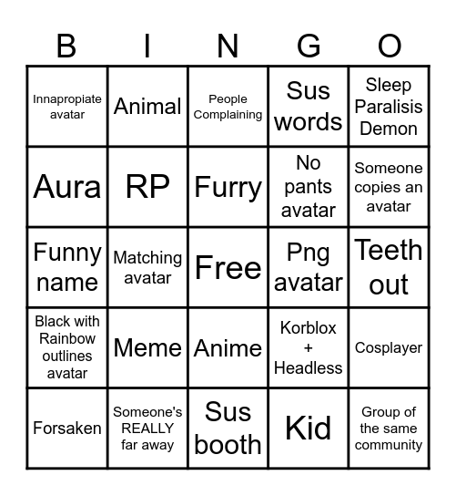 Catalog Avatar Creator Bingo Card