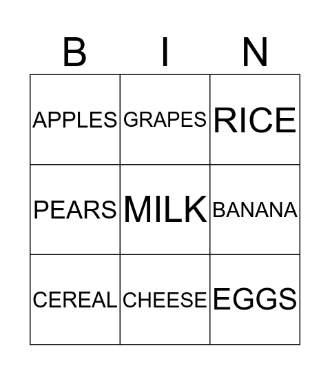 FOOD Bingo Card