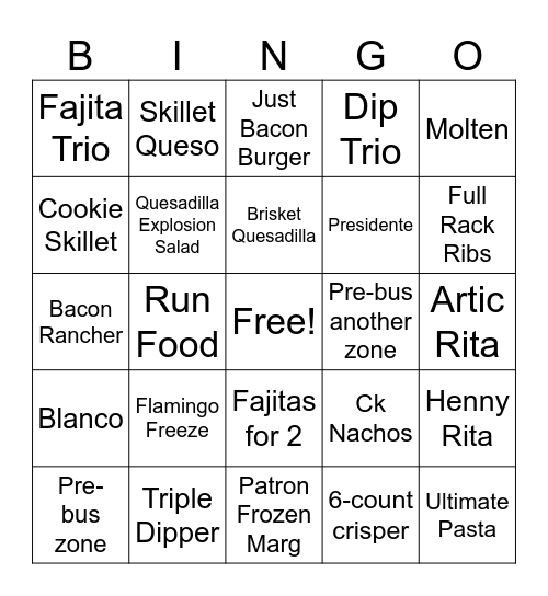 Chili's Bingo Card