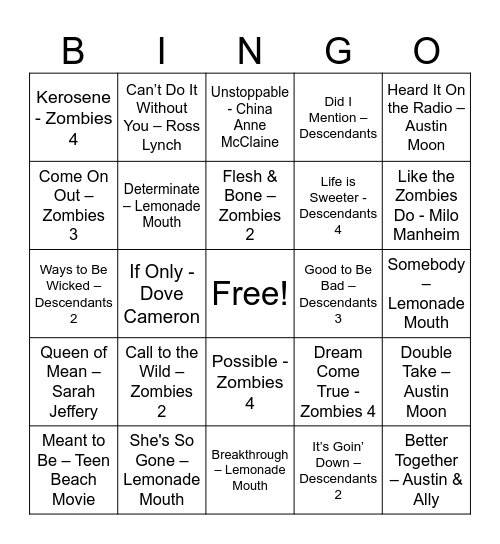 DCOM and Disney Bingo Card