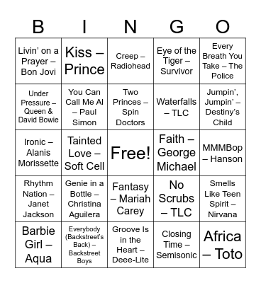 80s and 90s Bingo Card