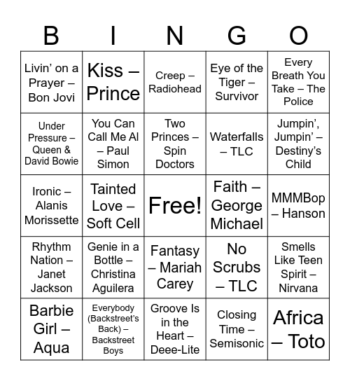 80s and 90s Bingo Card
