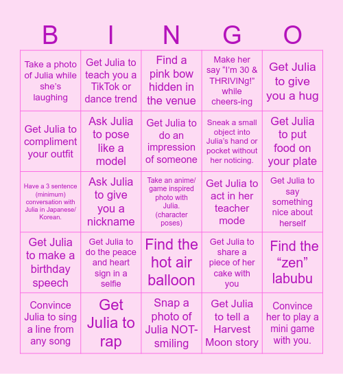 Julia’s 30th BINGO! Bingo Card