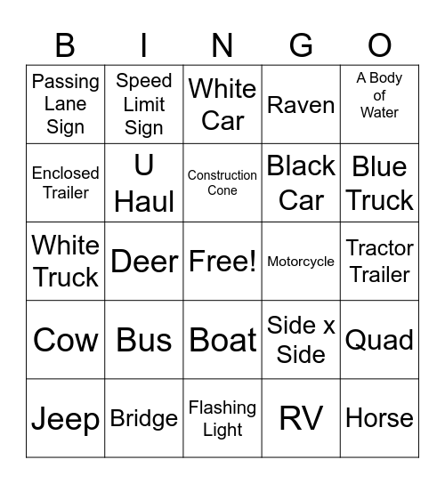 Girls Road Trip Bingo Card