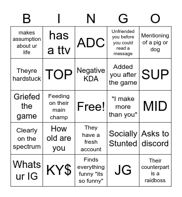 League NPC Bingo Card Bingo Card