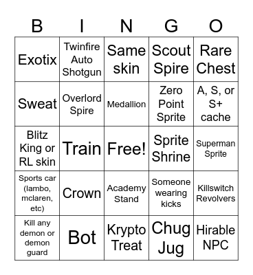 Fortnite BR Bingo Card