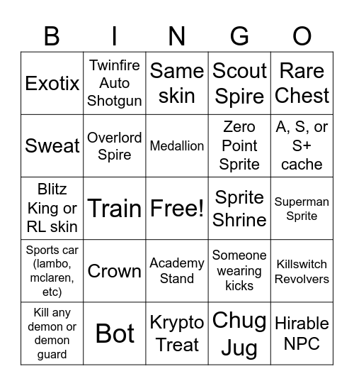 Fortnite BR Bingo Card