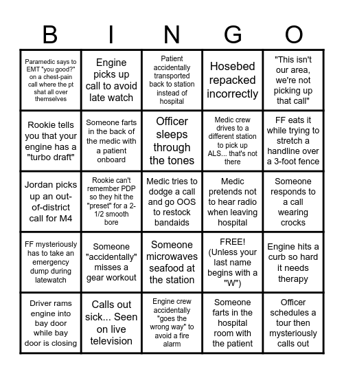 BINGO: The Dysfunctional Firefighter Edition Bingo Card