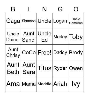 Family Bingo Card