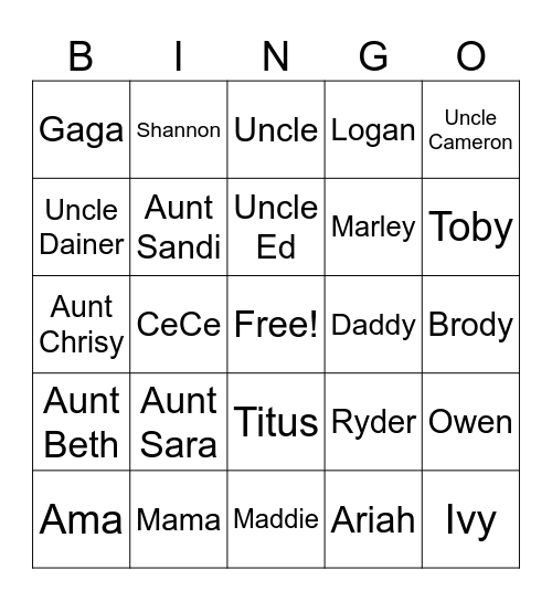 Family Bingo Card
