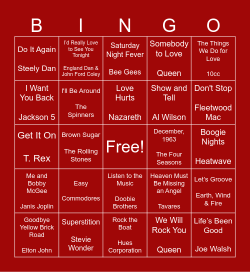 70s Hits Bingo Card