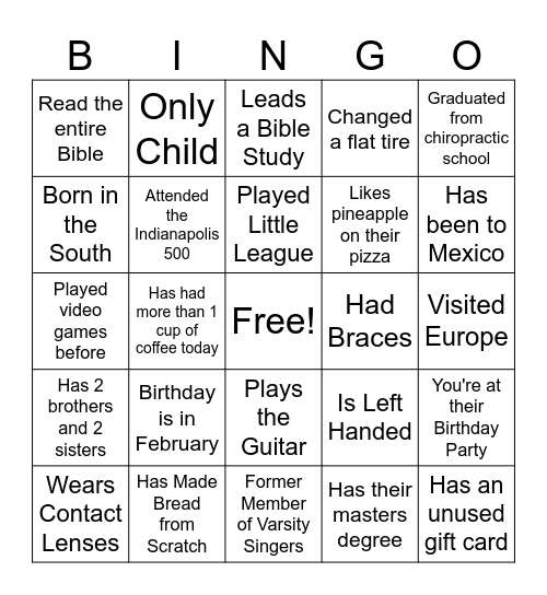 Geders Family Bingo Card