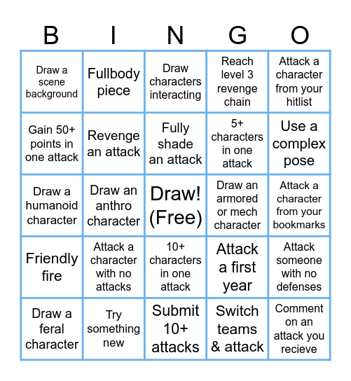 Artfight Bingo Card