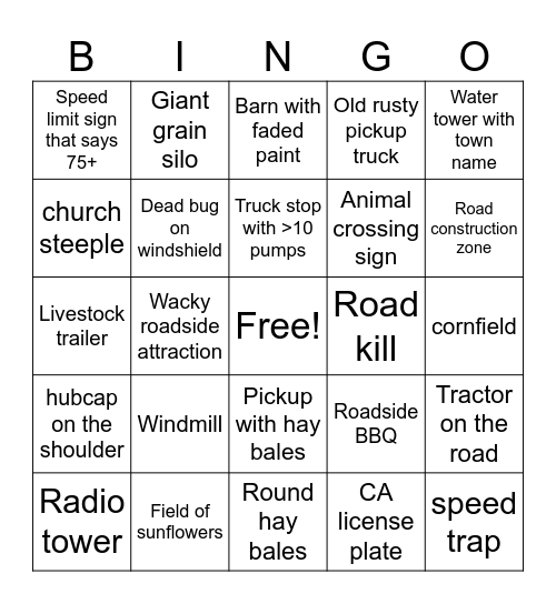 🌾 Travel Bingo: Brush, CO → Hays, KS Edition Bingo Card