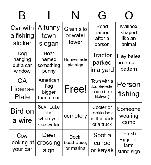 🧺🚙🌳 Travel Bingo: Lenexa, KS → Stockton Lake, MO Bingo Card
