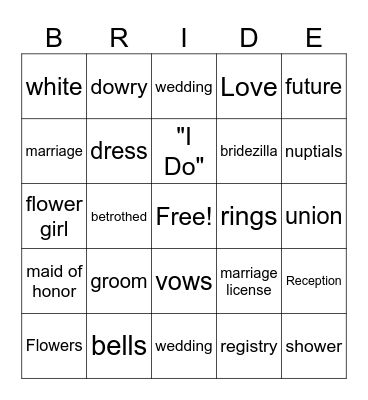Wedding Words Bingo Card