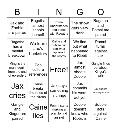 Digital Circus Episode 6 Bingo Card