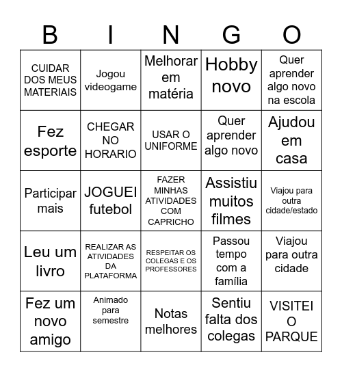 BINGO: FÉRIAS E 2º SEMESTRE - 7º ANO Bingo Card