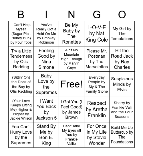 Hits of the 60's Bingo Card
