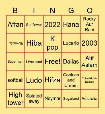 Hiba’s College Graduation Bingo Card