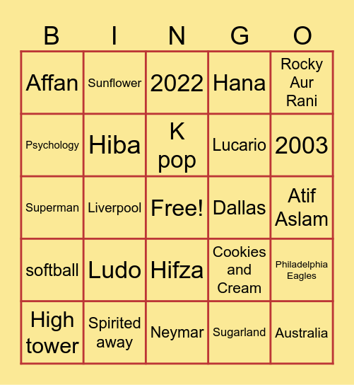 Hiba’s College Graduation Bingo Card