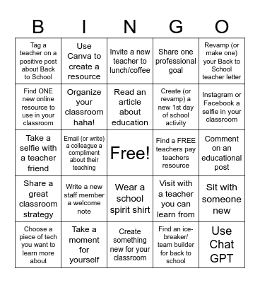 Back to School Bingo for Teachers Bingo Card