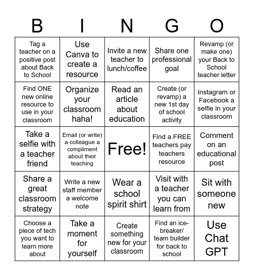 Back to School Bingo for Teachers Bingo Card