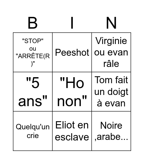 Dimanche chez evan Bingo Card