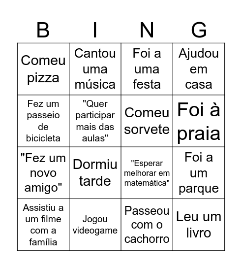 BINGO DAS FÉRIAS/RETORNO Bingo Card