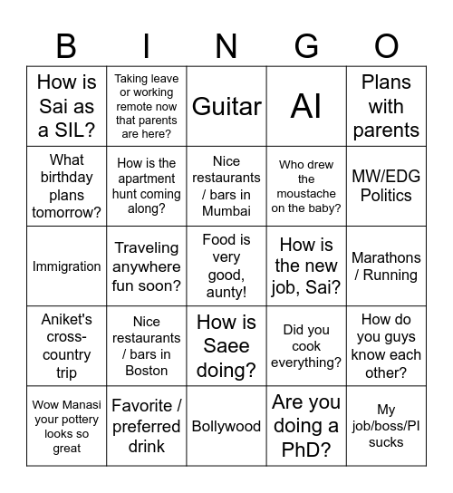 House Party Bingo Card