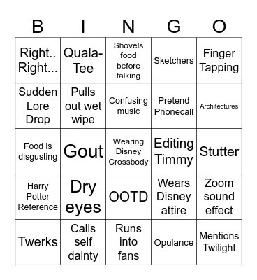 Timmy's Takeout Bingo Card