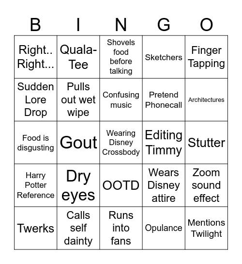 Timmy's Takeout Bingo Card