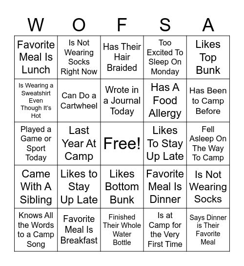 CAMP WOFSA Bingo Card