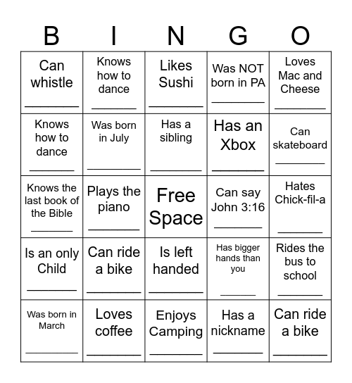 HUMAN BINGO Card