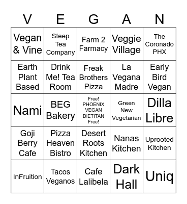 Eating VEGAN in Phoenix Bingo Card