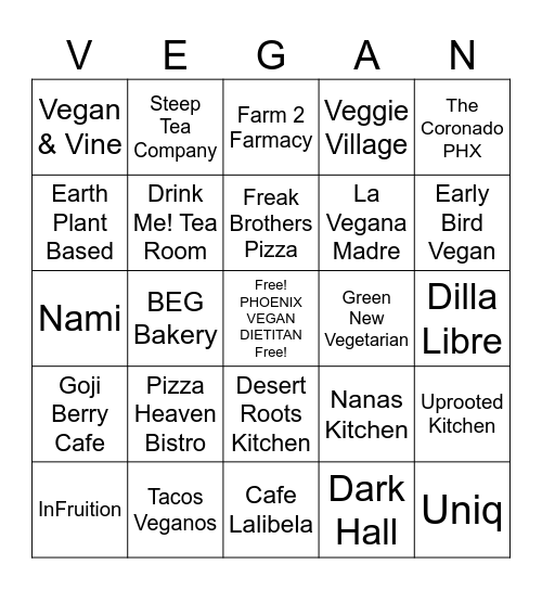 Eating VEGAN in Phoenix Bingo Card
