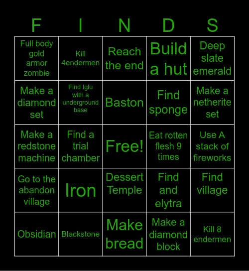 Minecraft Bingo Card