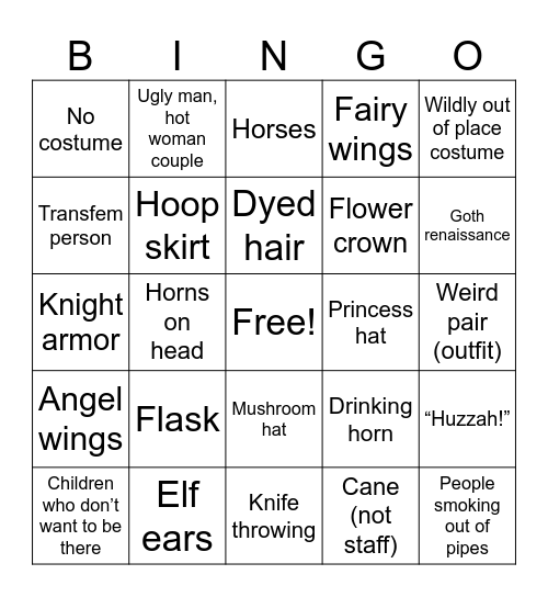 Renaissance Festival Bingo Card