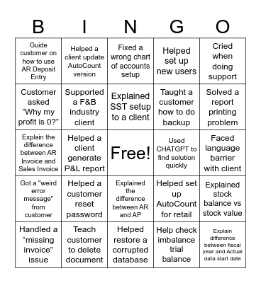 AutoCount Support Common Issue Bingo Card
