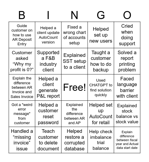 AutoCount Support Common Issue Bingo Card