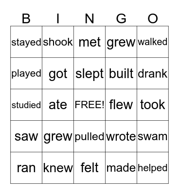 Regular and Irregular Verbs (Past tense) Bingo Card